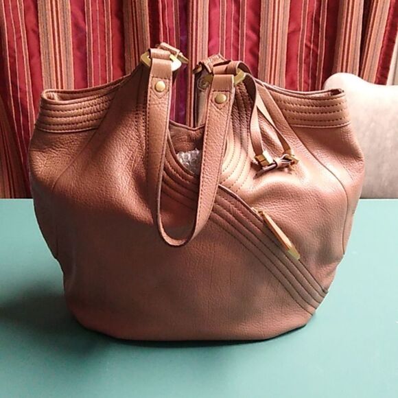 OrYany large Leather Shoulder Bag Gold Tone Metal Angled pockets front and back - Picture 1 of 16